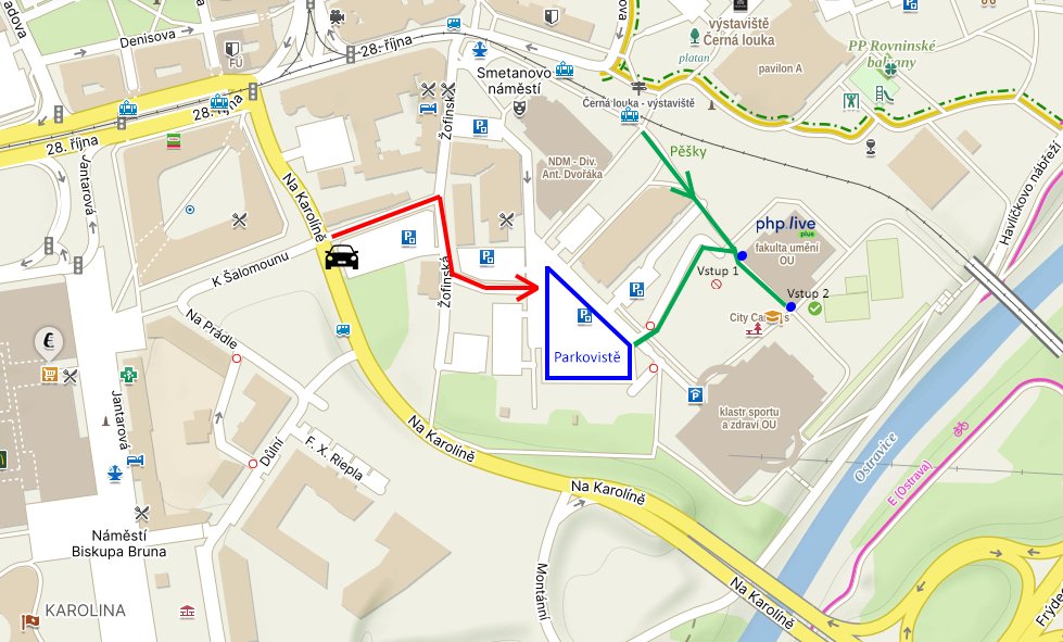 Protože konference php.live+ se letos z přesouvá na nové místo, mrkni níže na mapu, jak se k nám dostat.👇