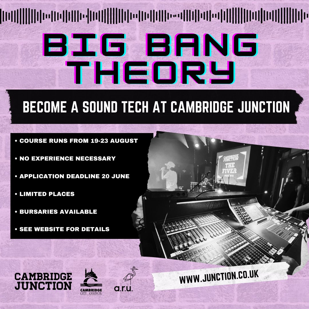Aged 16 – 21? Interested in technical theatre? Keen to learn about mixing live sound for performance? Big Bang Theory, is an intensive course focusing on the technical aspects of live sound. More info > junction.co.uk/creative-learn…