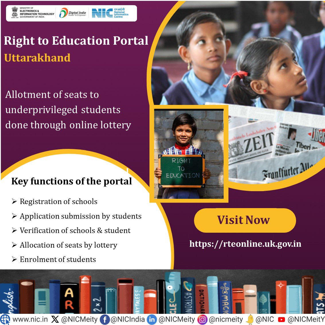 A lottery-based selection of students was done under #RightToEducation (#RTE) Act for the year 2024-25 in Uttarakhand. The integrated portal - rteonline.uk.gov.in facilitates the admission of underprivileged students in private schools of Uttarakhand under RTE Act.
#NICMeitY