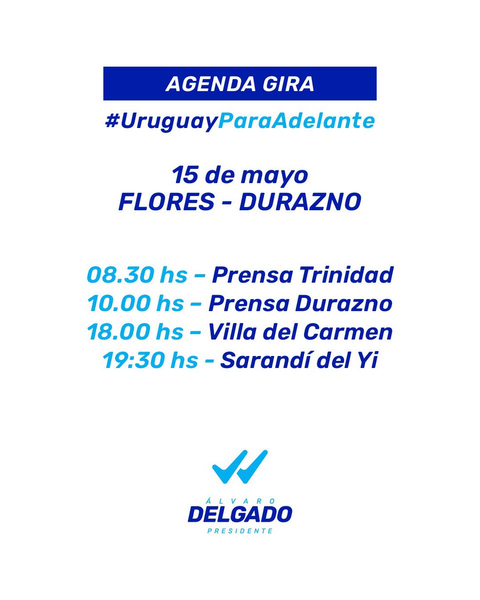 Hoy estaremos en Flores y en Durazno. Los esperamos a todos. #SigamosCambiando y llevando juntos a #UruguayParaAdelante.