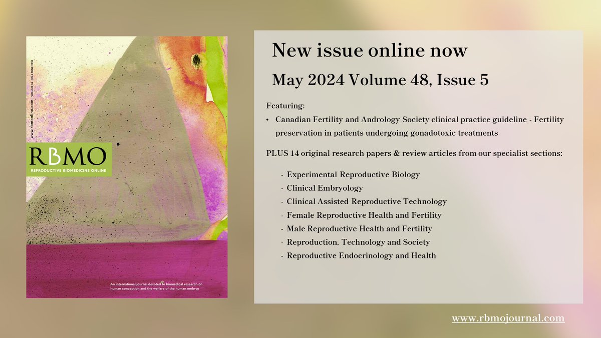 Volume 48, Issue 5 of RBMO is out now! 15 original research papers & review articles, plus a new @cdnfertility Canadian Fertility and Andrology Society clinical practice guideline - Fertility preservation in patients undergoing gonadotoxic treatments rbmojournal.com/issue/S1472648…