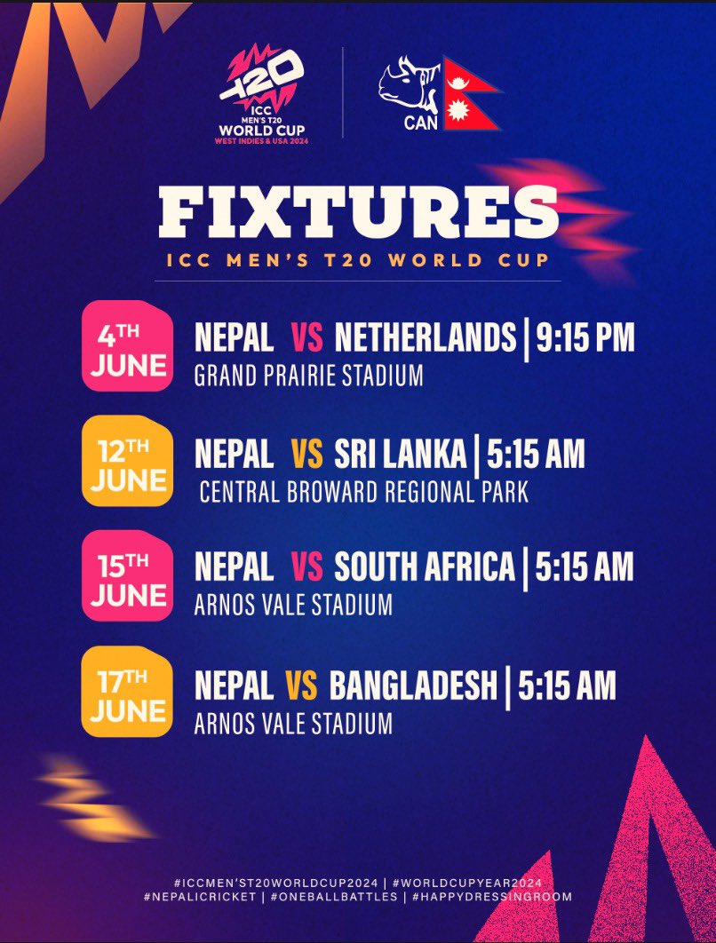🏏 #Rhinos journey to the world stage Nepal gears up for the ICC Men's T20 World Cup 2024 with the following fixtures⚡️ #OutOfThisWorld | #WorldCupYear2024 | #NepalCricket | #T20WorldCup