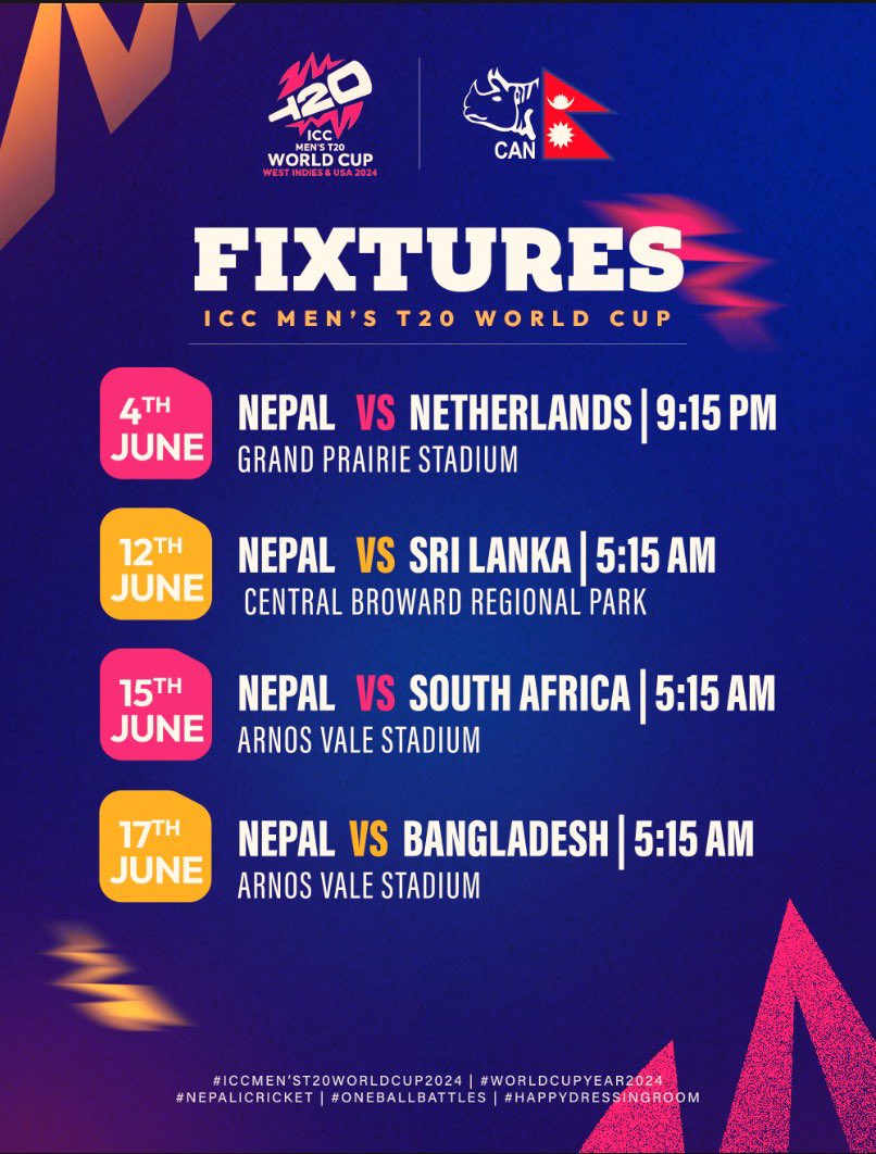 🏏 #Rhinos journey to the world stage 

Nepal gears up for the ICC Men's T20 World Cup 2024 with the following fixtures⚡️

#OutOfThisWorld | #WorldCupYear2024 |
#NepalCricket | #T20WorldCup