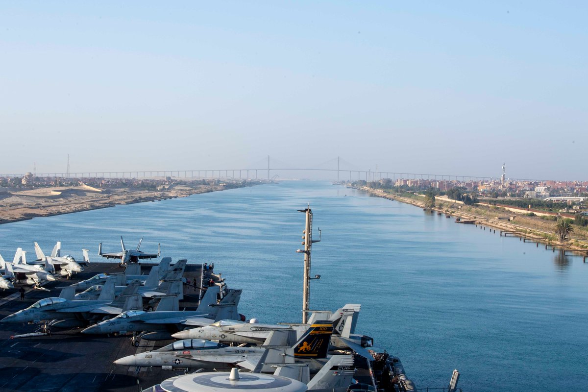 The #nuclearfleet Nimitz-class aircraft carrier USS Dwight D. Eisenhower (CVN 69) transits the Suez Canal earlier this month, deployed to the U.S. 5th Fleet area of operations to support maritime security and stability in the Middle East region. #unmatchedpropulsion