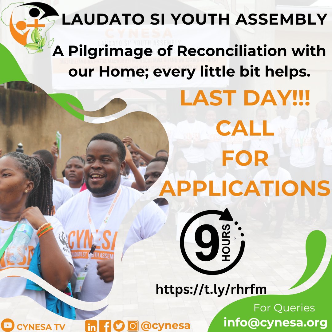 9 hours to go! Have you signed up? Apply: 👉🏾 t.ly/rhrfm Deadline: Midnight, tonight - 16th May 2024 🗓 30th May - 1st June. 📌AWF Conservation Centre. #LSYAssembly #laudatodeum #laudatosi #CYNESAat10 @AWF_Official @WWF_Kenya @WWF_Africa @wwf
