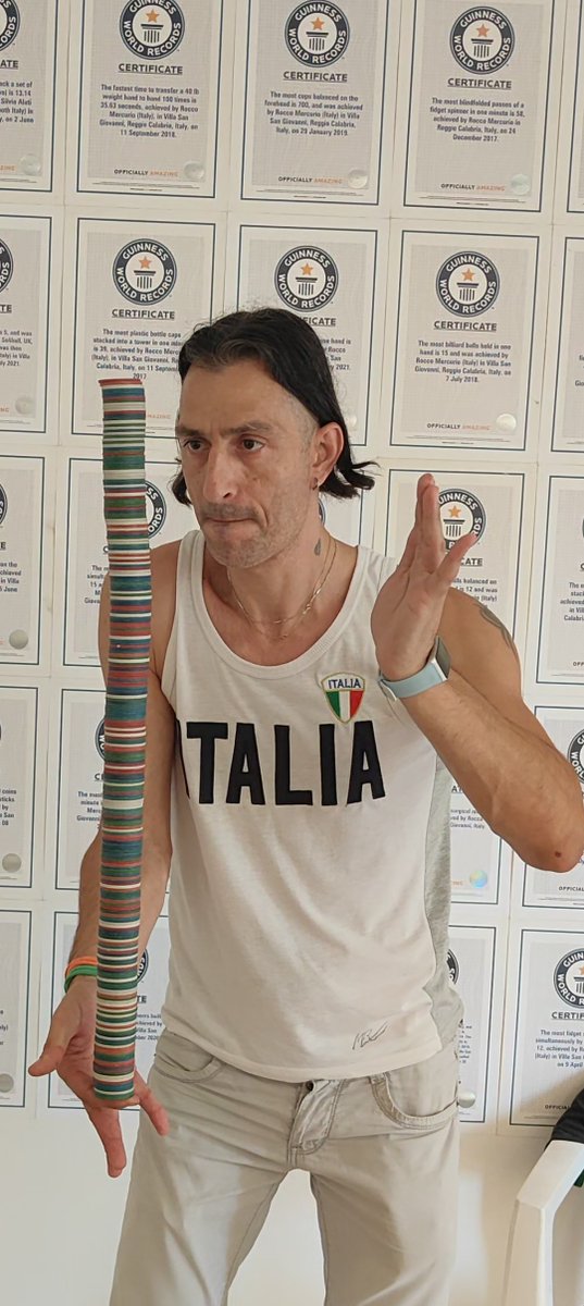 Italian serial record breaker Rocco Mercurio balanced 255 poker chips on one finger to set a record back in 2023.