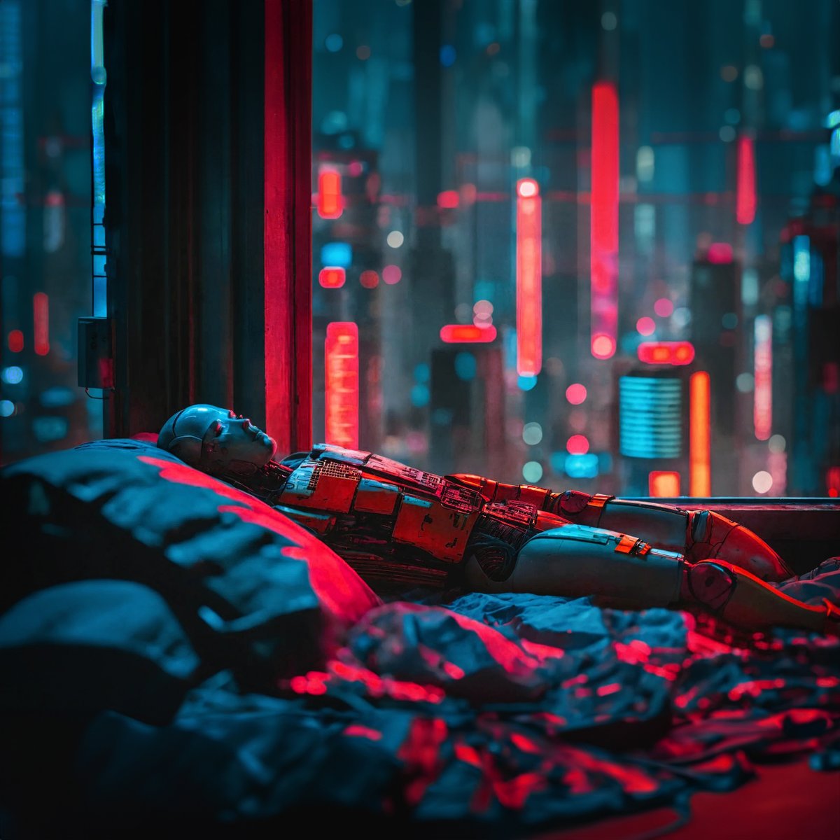 DO YOU DREAM?
.
.
#cyberpunk #dystopian #scifi #scifiart #android #cyborg #AIart #kronostrilogy #theneondroid