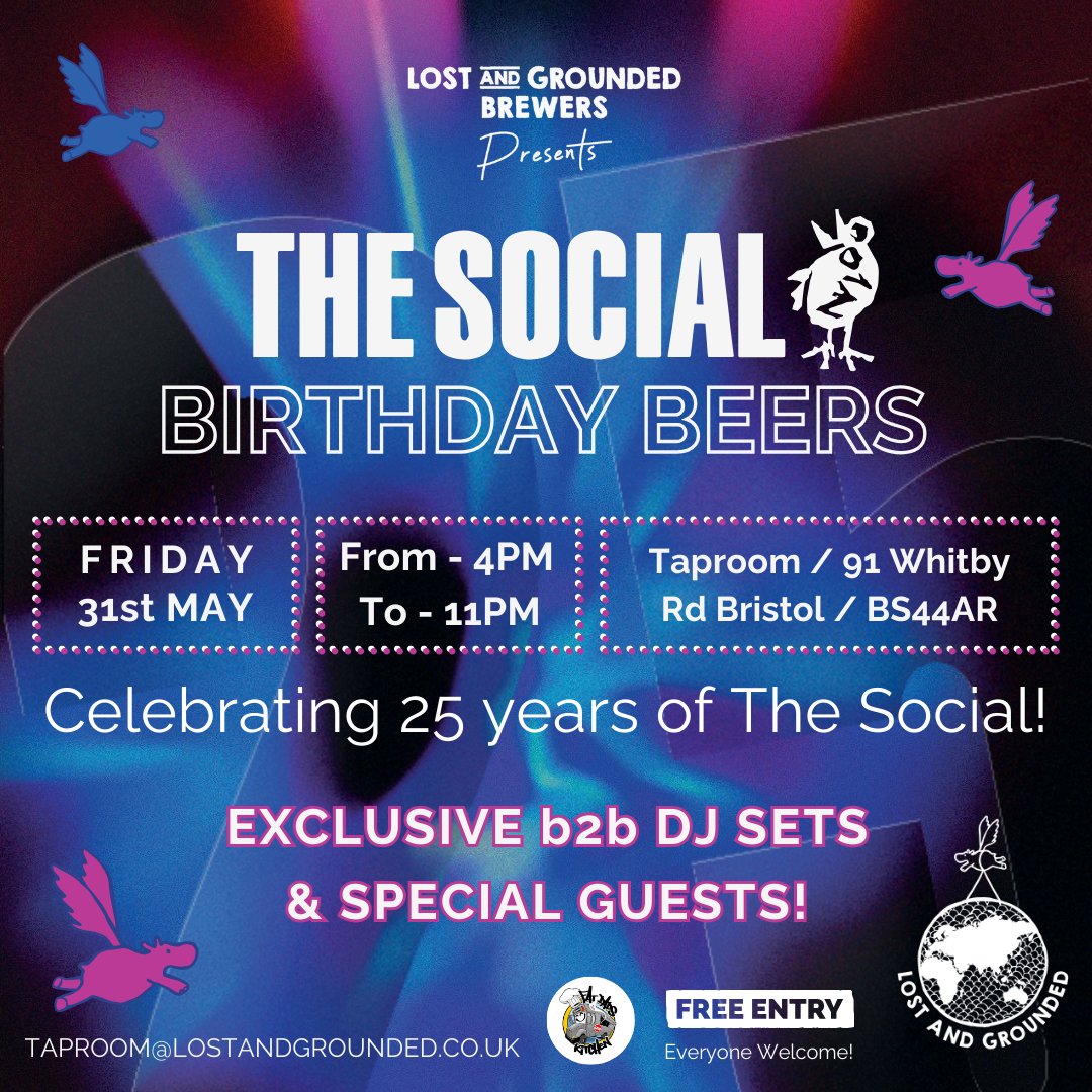 The Social Birthday Beers!🪩🍻 FRI 31 MAY 4-11PM 91 Whitby Rd, BS44AR We're celebrating 25 years of legendary London venue @thesocial at the taproom with Guest DJs, bangin' beers & food from @FDCKCIC! Free entry✨ Check out the full line up: lostandgrounded.co.uk/taproom-events…