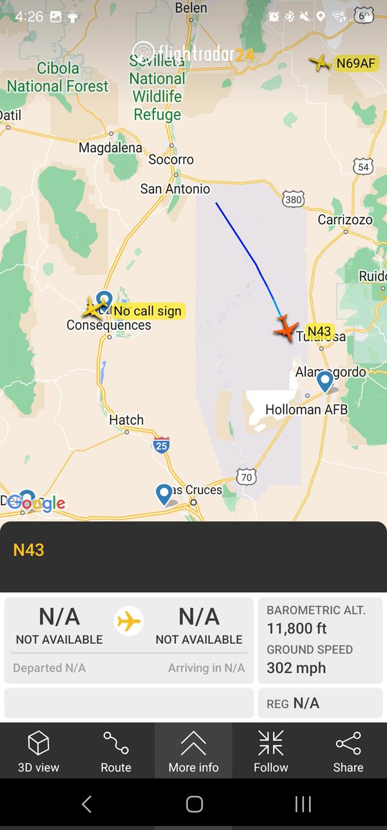norb420's tweet photo. #AE681F as ? Finished up and maybe headed back to Point Mugu. Switched to S mode shortly after leaving WSMR and climbed altitude. 
#000000 as #N43 this one made an appearance or two, this is the only screenshot I got of it. https://t.co/K1xWCpvFUM