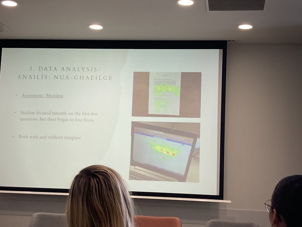 Fascinating - Tobii glasses used to track students analysis of feedback (eye-tracking) presented by Dr Tracey Ní Mhaonaigh @NuaGhaeilgeOMN (coloured areas indicate where the students looked / engaged with). So interesting to see the parts of feedback students read! #TLShowcase24
