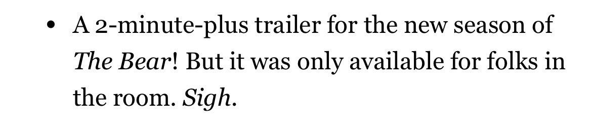 there’s a 2+ minute trailer for the bear that celebrities/execs who went to disney upfront have seen but they’re not releasing it publicly (yet). this is genuinely fucking annoying PROMOTE YOUR SHOW @DisneyPlus