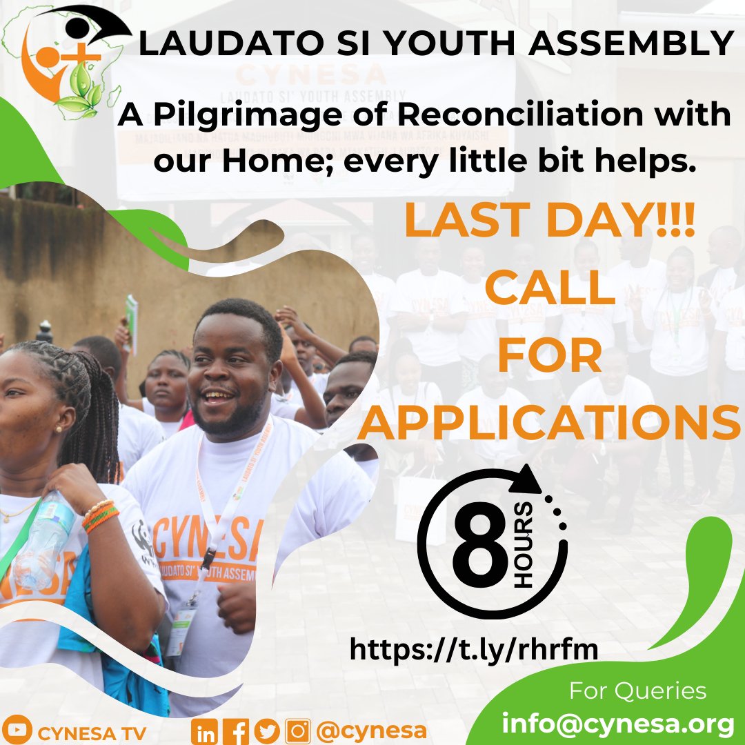 8 hours to go! Have you signed up? Apply: 👉🏾 t.ly/rhrfm Deadline: Midnight, tonight - 16th May 2024 🗓 30th May - 1st June. 📌AWF Conservation Centre. #LSYAssembly #laudatodeum #laudatosi #CYNESAat10 @AWF_Official @WWF_Kenya @WWF_Africa @wwf