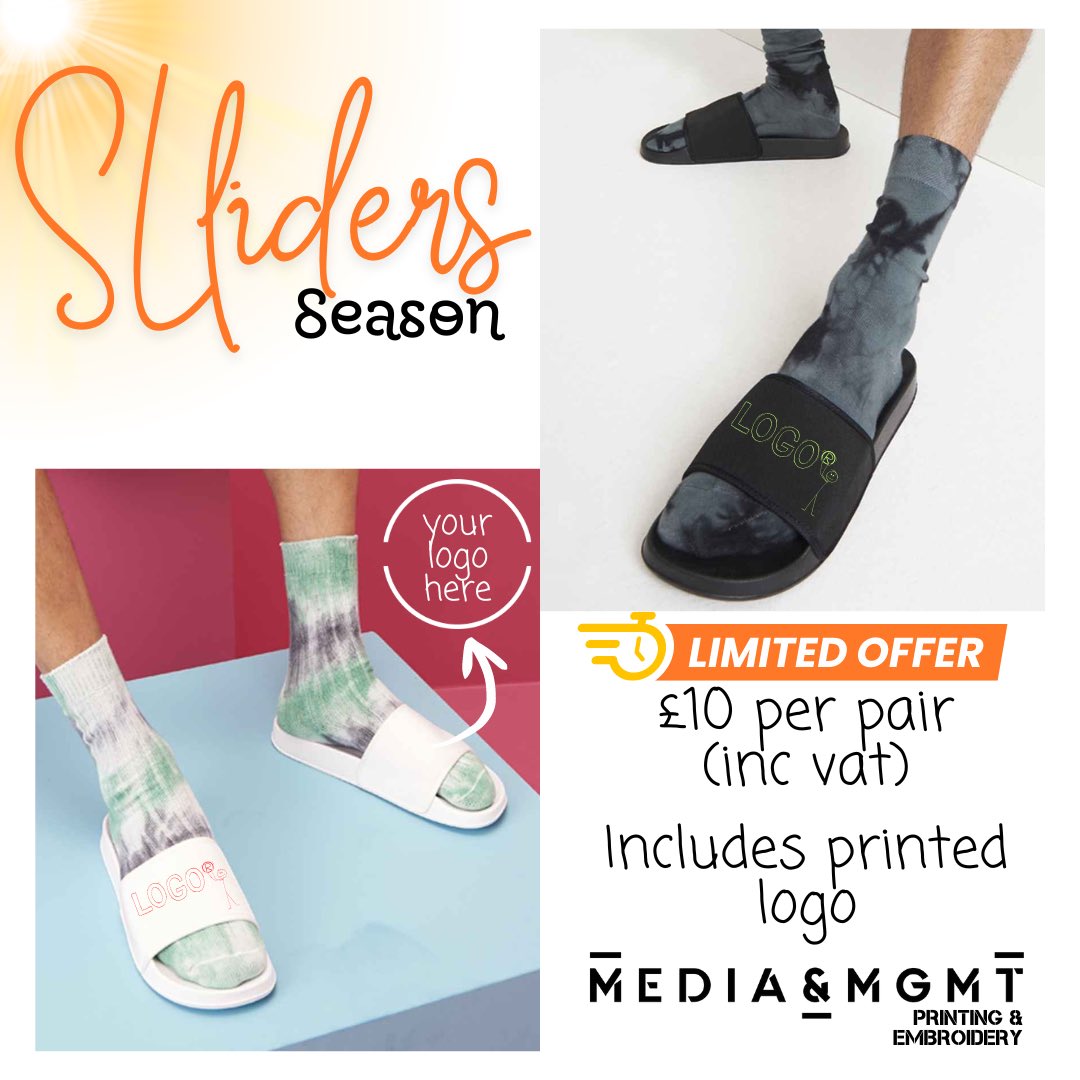 It’s Sliders season ☀️☀️ Get these black or white sliders for just £10 per pair, including vat and printed logo of our choice!! Limited time offer 🚨 Ideal for dance school, sports teams, celebration trips away.. #sliders #personlisedsliders #mediamgmtprintingandembroidery