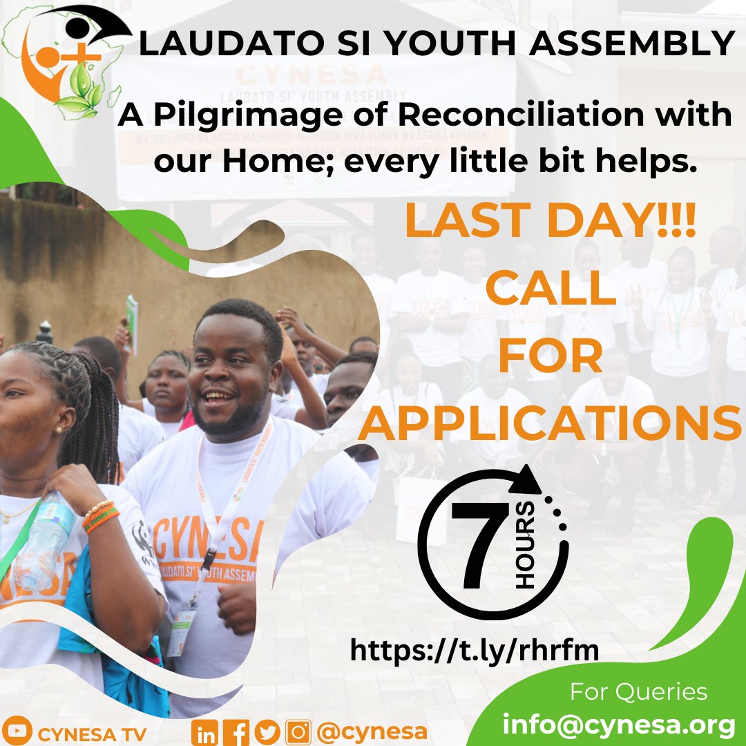 7 hours to go! Have you signed up? Apply: 👉🏾 t.ly/rhrfm Deadline: Midnight, tonight - 16th May 2024 🗓 30th May - 1st June. 📌AWF Conservation Centre. #LSYAssembly #laudatodeum #laudatosi #CYNESAat10 @AWF_Official @WWF_Kenya @WWF_Africa @wwf