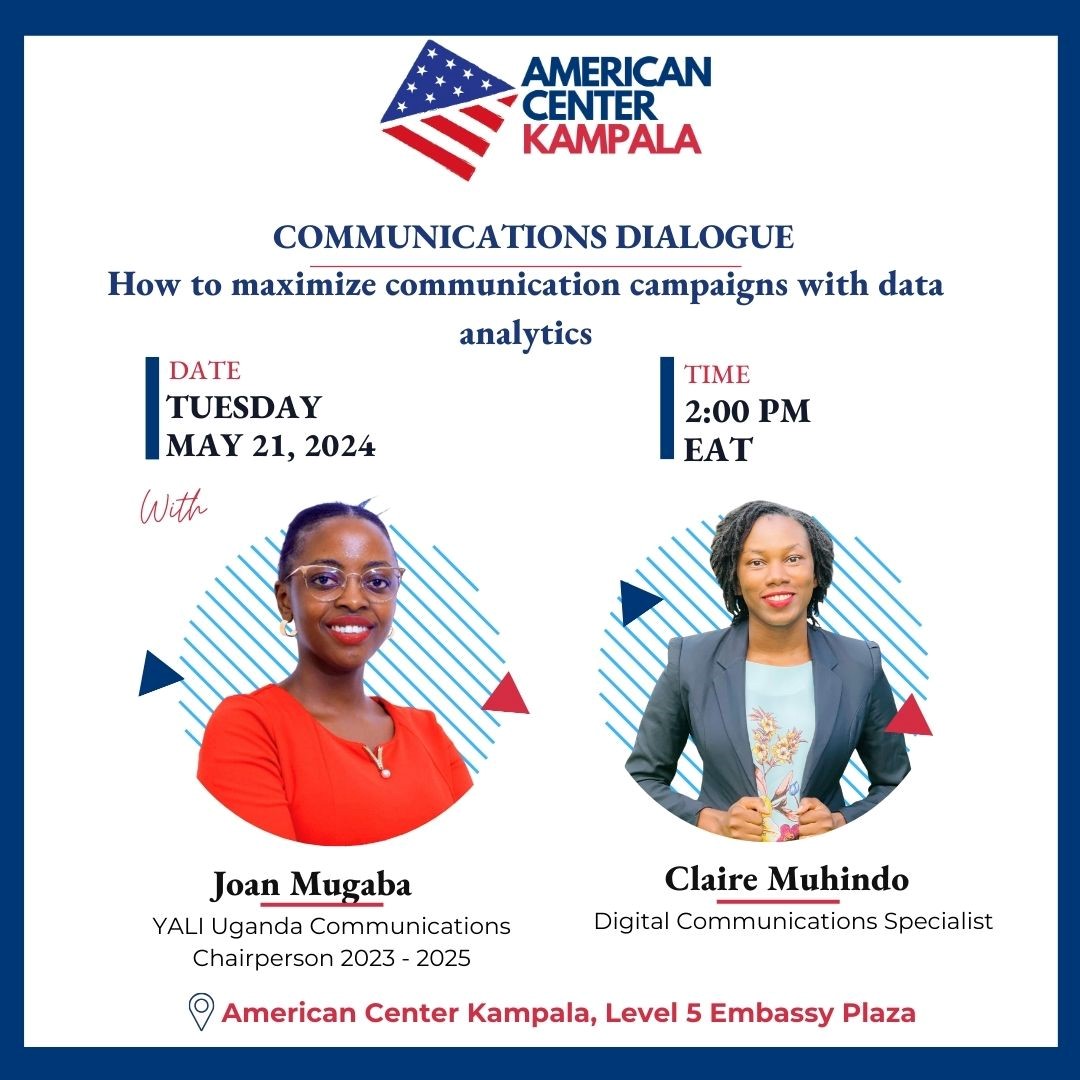 #AmericanCenterKampala will host 'The Communications Dialogue' an excellent opportunity to learn about maximizing communication campaigns with data analytics. This session will take place on May 21, 2:00 pm EAT. To attend, register here: forms.gle/1w4S4bFpnH7B55…