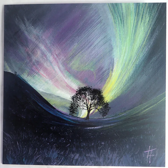 For anyone speculating how Sycamore Gap WOULD have looked with Northern Lights, here's my own version (painted pre its felling) Available as cards, aprons, totes and tea towels in my online shop crownstudiogallery.myshopify.com