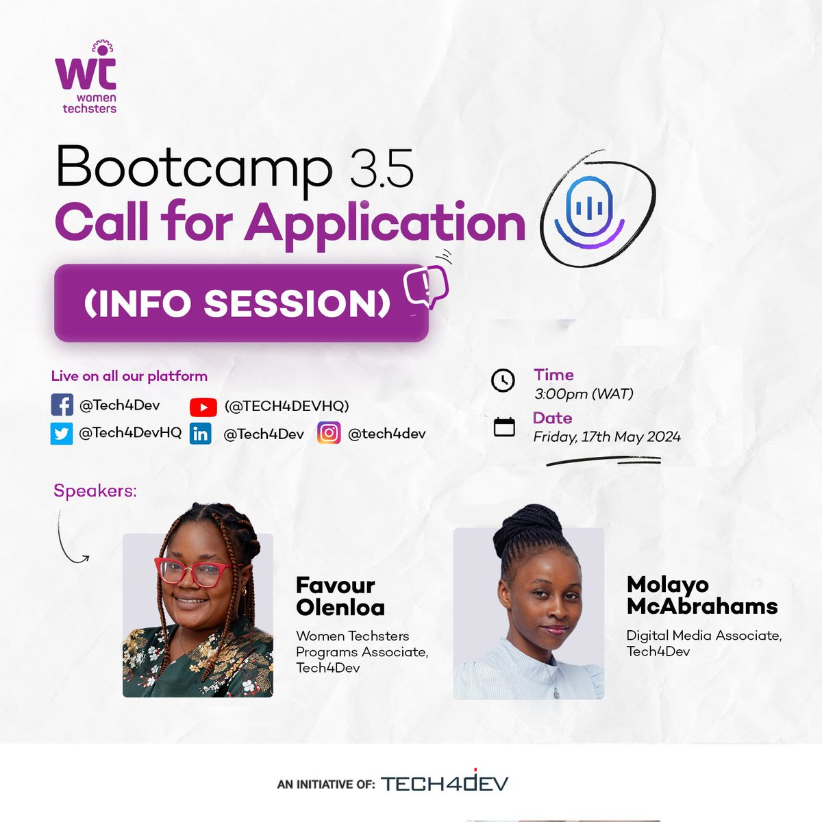 Tech4DevHQ's tweet image. We are excited to announce that applications for Cohort 3.5 of the Women Techsters Bootcamp will be opening soon!

Join us for an engaging info session where we will guide you through the application process for the Women Techsters Bootcamp and discuss the available learning…