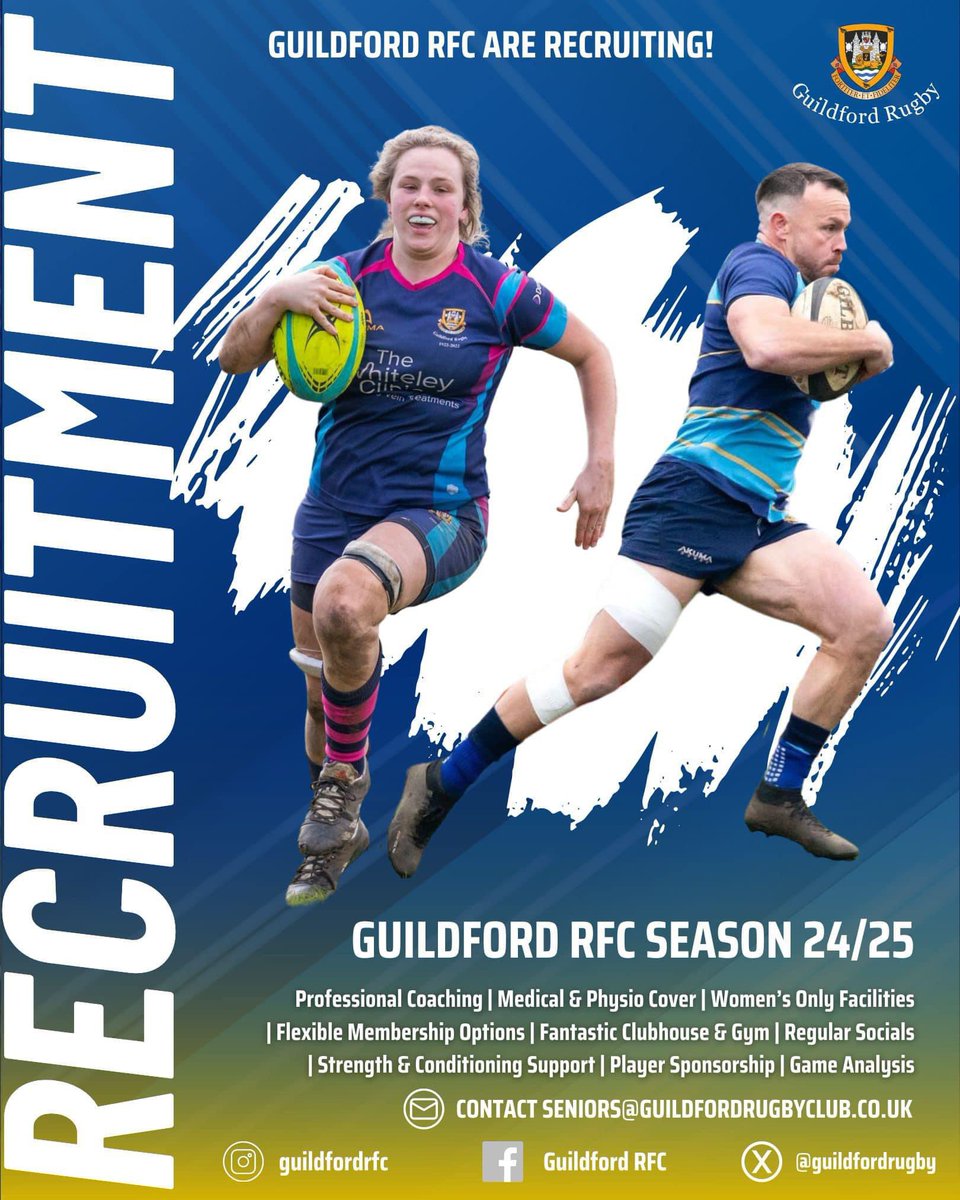 guildfordrugby's tweet photo. 𝗣𝗟𝗔𝗬𝗘𝗥 𝗥𝗘𝗖𝗥𝗨𝗜𝗧𝗠𝗘𝗡𝗧 🤝

Guildford RFC are recruiting for the upcoming 2024/25 season.  If you’ve moved to the area or looking for a fresh challenge, come and give us a try!  We cater for all abilities &amp; levels.  Interested then DM please. #guildfordrugby https://t.co/ujXNVDvjAx