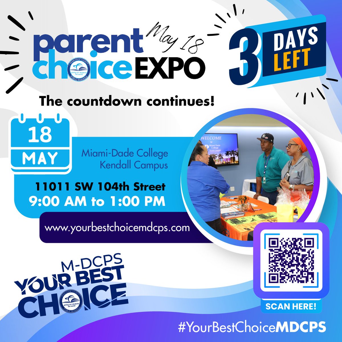 The countdown continues! Just three more days until the Parent Choice Expo at @MDCollege Kendall Campus. Join us this Saturday to explore @MDCPS' exceptional academic programs and resources. Don't miss out! For more info, visit: yourbestchoicemdcps.com #YourBestChoiceMDCPS