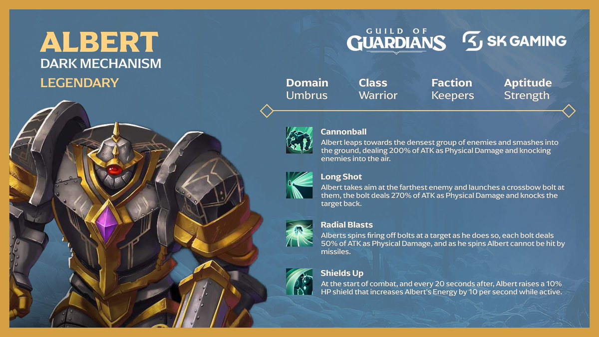Introducing Albert, the Dark Mechanism, available now in @GuildOfGuardian! ⚡️ Download now and use referral code 'SKGaming' to unlock exclusive in-game rewards. 🔗 bit.ly/SK-GOG #partnered
