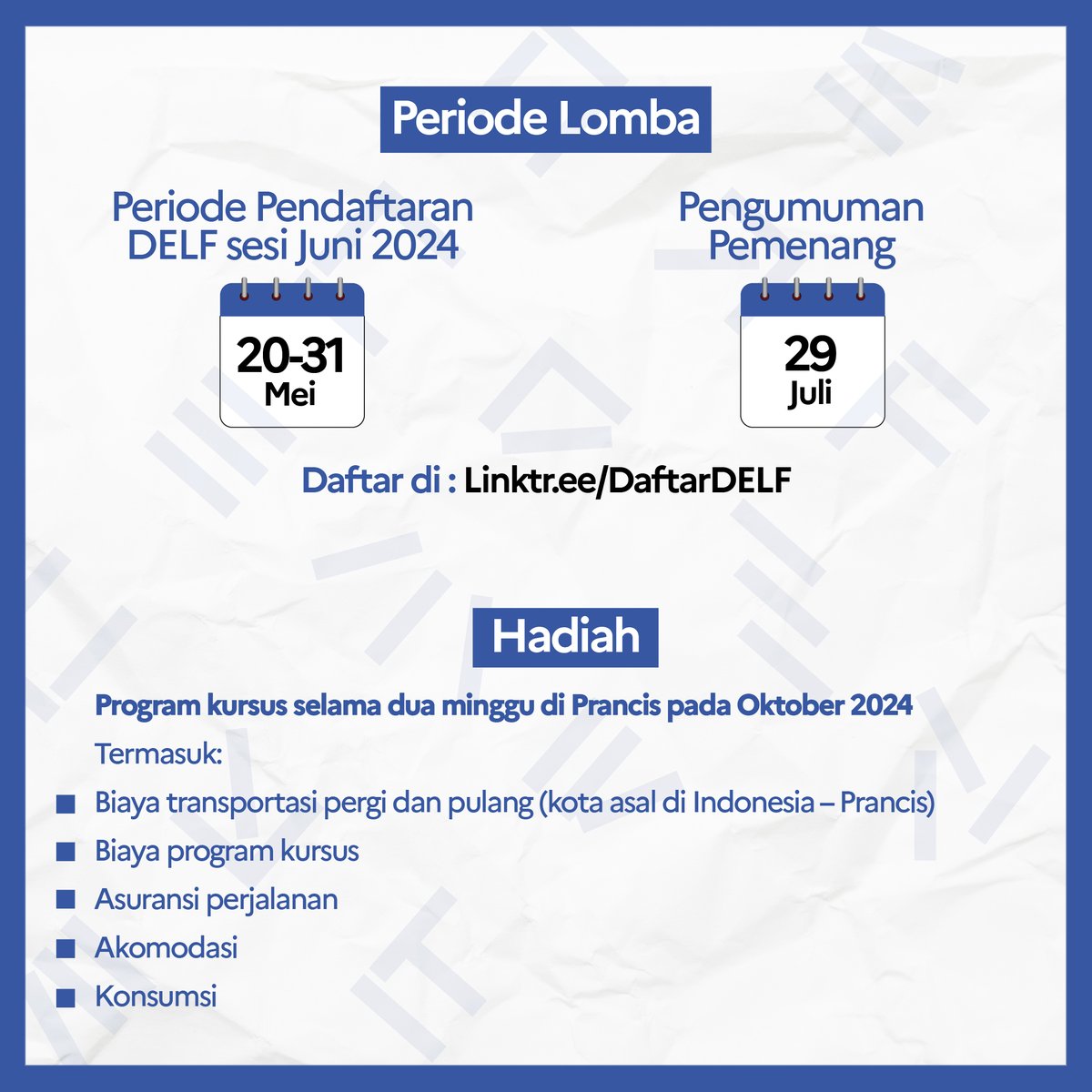 ✍️ Ikuti ujian DELF & menangkan perjalanan ke Prancis GRATIS! ✈️ Lomba #DELFxcellence hadir untuk mewujudkan impianmu! Daftar sekarang! 🏆 📅 Pendaftaran: 20–31 Mei 2024 📝 Ujian: 24–29 Juni 2024 Jadilah pemenangnya! Kunjungi ifi-id.com/lomba-delfxcel…