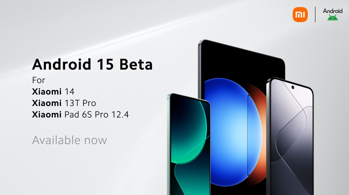 🎉Latest news! #Xiaomi14, #Xiaomi13TPro, and #XiaomiPad6SPro 12.4 are available for Android 15 Developer Preview Program!🔝 Come to experience the new features and share your valuable feedback with us!👉Learn more: mi.com/global/support… #Android15 #GoogleIO #Xiaomi