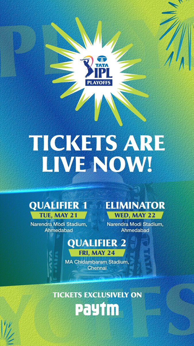 📍 Ahmedabad & Chennai

🎟️ Tickets for the #TATAIPL 2024 Playoffs are now LIVE!

Buy your tickets NOW from IPLT20.COM, Paytm App, Paytm Insider App and insider.in.

See you at the stadium 🏟️👋