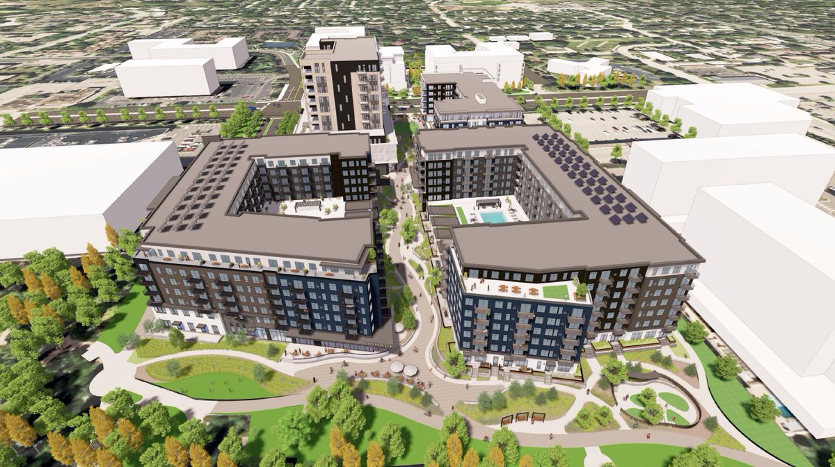 Proposed development for the current @Macys Furniture Gallery parcel at 72nd/France in Edina (rendering looks west). Four buildings (one 11-story, three 7-story) w/68k sf office space, 21k sf retail space, 523 apartments, 49 seniors condos and 1324 parking ramp spaces. Thoughts?