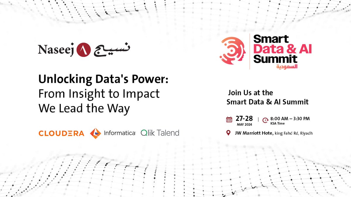 Medad_Cloud's tweet image. Embark on your data journey! From governance to actionable insights, trust Naseej for Technology to lead the way. Join us at the Smart Data &amp;amp; AI Summit #SDAIS to discover our solutions, learn from experts, and embrace cutting-edge technologies and practices.

Join Us:…