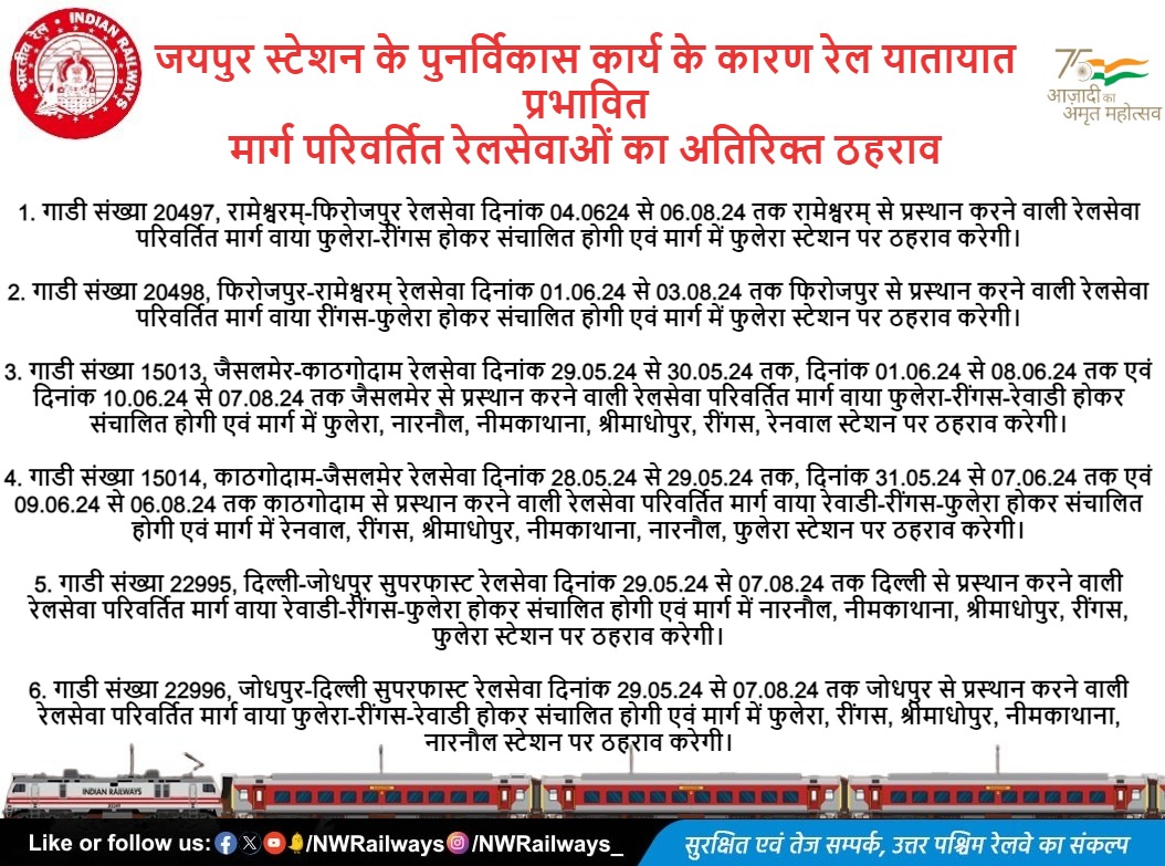 जयपुर स्टेशन के पुनर्विकास कार्य के कारण रेल यातायात प्रभावित @RailMinIndia @DrmAjmer @drmbikaner @DRMJaipur @DRMJodhpurNWR @A1TVOfficial @1stIndiaNews @News18Rajasthan @DDNewsRajasthan @zeerajasthan_ @SachBedhadak