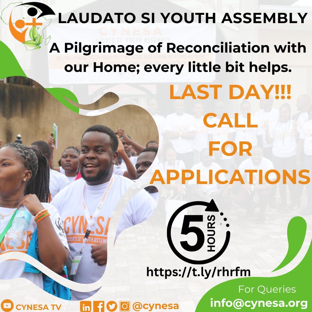 5 hours to go! Have you signed up? Apply: 👉🏾 t.ly/rhrfm Deadline: Midnight, tonight - 16th May 2024 🗓 30th May - 1st June. 📌AWF Conservation Centre. #LSYAssembly #laudatodeum #laudatosi #CYNESAat10 @AWF_Official @WWF_Kenya @WWF_Africa @wwf