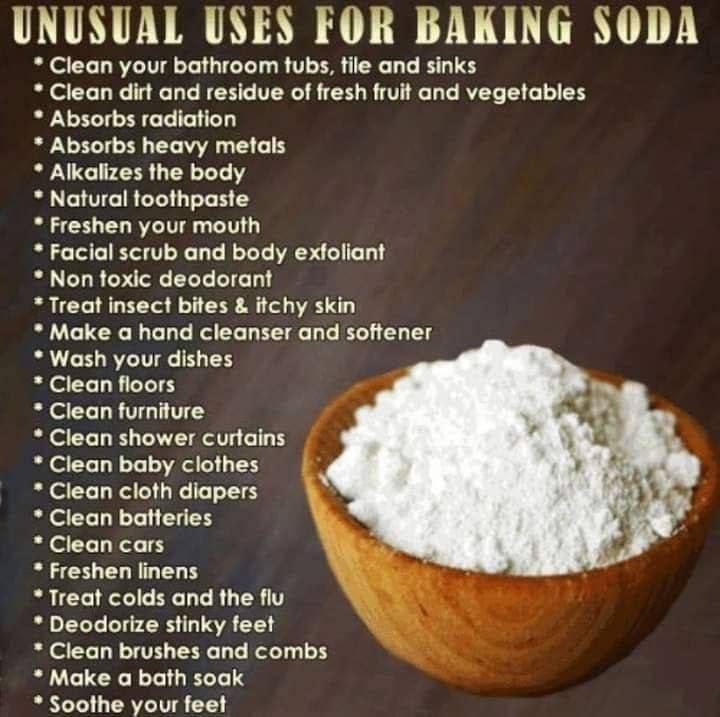 UNUSUAL USES FOR BAKING SODA • Clean your tubs, tile and sinks • Clean dirt & residue on fruit & veggies • Absorbs radiation • Absorbs heavy metals • Alkalizes the body • Natural toothpaste • Freshen your mouth • Facial scrub and body exfoliant • Non toxic deodorant •