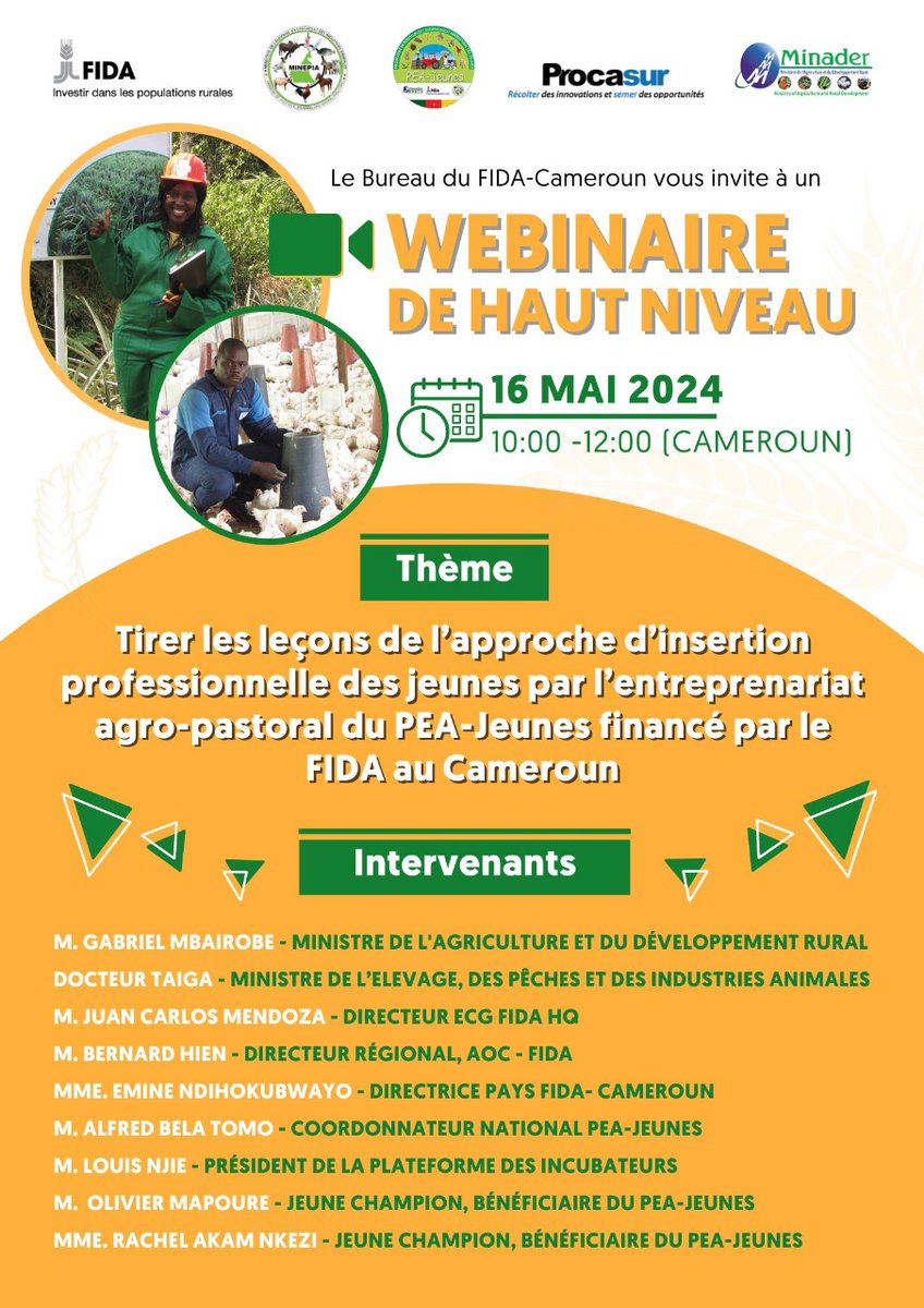 Les résultats du PEA-Jeunes valorisés dans le cadre d'un Webinaire, un événement virtuel qui connaîtra la participation des décideurs politiques tant au niveau du gouvernement Camerounais que du partenaire technique et financier, le FIDA.
Pour participer👇
us06web.zoom.us/j/83645848571