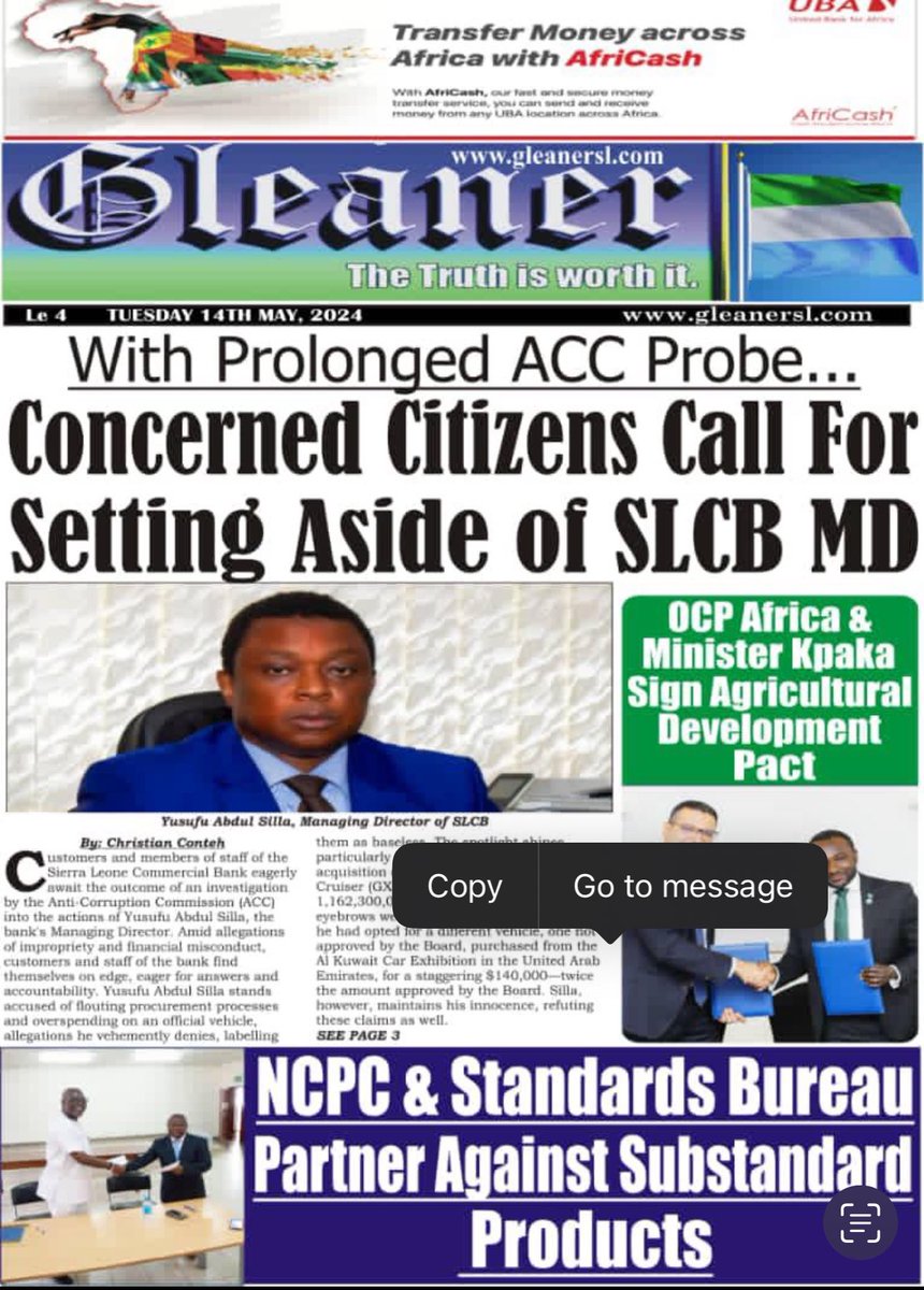 Investigation by @accsierraleone on allegations of procurement irregularities involving the Managing Director of Sierra Leone Commercial Bank #YusufuAbdulSillah is being stalled. Just few days ago, a mysterious inferno allegedly occurred at the Procurment floor of the Bank.
