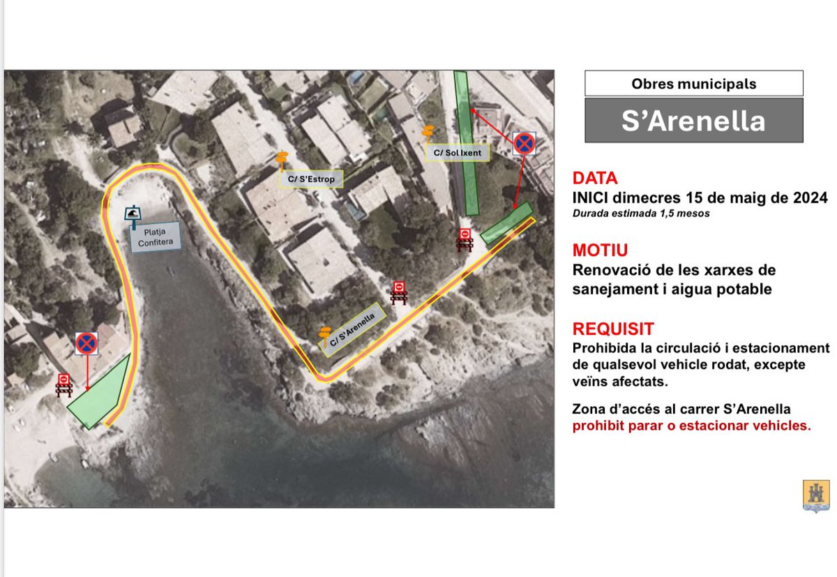 🚧 Obres municipals iniciades a S’Arenella a partir d’avui, durant 1,5 mesos. Renovació de col·lector de sanejament i canonada d’aiga potable de 325m al front marítim. 🚫🚗Circulació i estacionament restringits. #aCadaqués