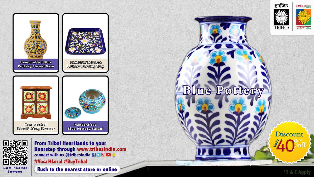 Enjoy a 40% discount on our exquisite handcrafted #Bluepottery products. Enhance your home decor with these stunning pieces while the offer lasts!

Know more: bit.ly/3V1NyCL

#Vocal4Local #BuyTribal #HandcraftedArt #DiscountOffer