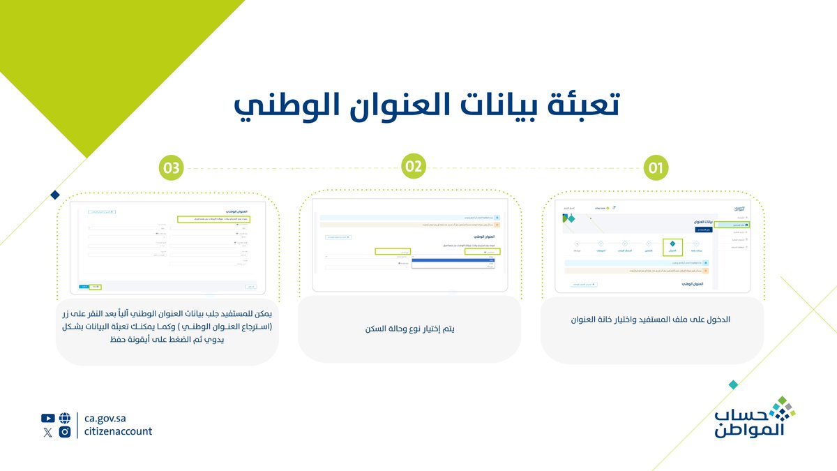 #عاجل | #حساب_المواطن: خطوات إضافة بيانات العنوان الوطني: 1⃣ الدخول على ملف المستفيد واختيار خانة العنوان 2⃣ اختيار نوع وحالة السكن 3⃣ يمكن للمستفيد جلب بيانات العنوان الوطني آليا بعد النقر على «استرجاع العنوان الوطني» كما يمكن تعبئة البيانات يدويا ثم الضغط على «حفظ» #عكاظ