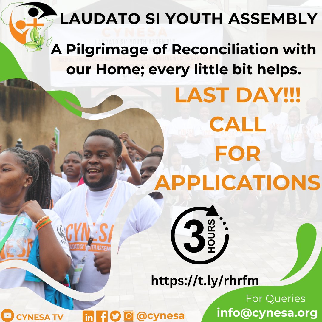 3 hours to go! Have you signed up? Apply: 👉🏾 t.ly/rhrfm Deadline: Midnight, tonight - 16th May 2024 🗓 30th May - 1st June. 📌AWF Conservation Centre. #LSYAssembly #laudatodeum #laudatosi #CYNESAat10 @AWF_Official @WWF_Kenya @WWF_Africa @wwf
