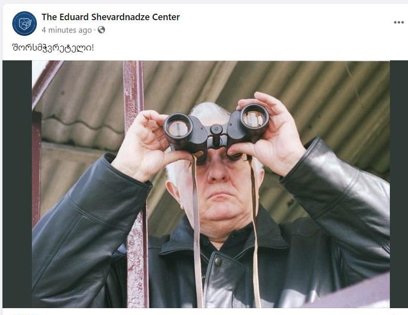 Shevardnadze Center posts a picture of Eduard Shevardnadze looking into binoculars with the word 'visionary!'. You can also translate it as farsighted.