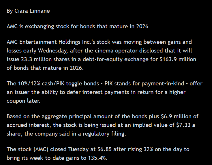 #AMC #AMCNEVERLEAVING $AMC exchanges 23.3m shares for debt to equity at a share price of $7.33.  This involves the 10%/12% PIK bonds.