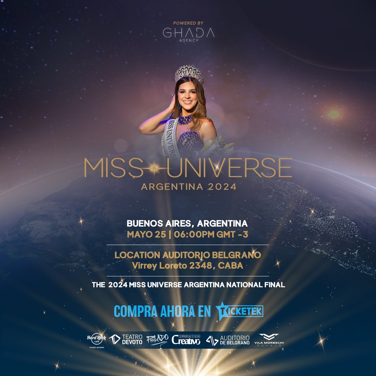 ✨Llega la final de Miss Universo Argentina! 28 concursantes competirán por el codiciado título para representarnos en @MissUniverse 2024 de noviembre, en México. 🗓️25 de Mayo 18Hs 📍Auditorio Belgrano (Virrey Loreto 2348, CABA) 🎫Comprá tus #Etickets en bit.ly/3WG03oA