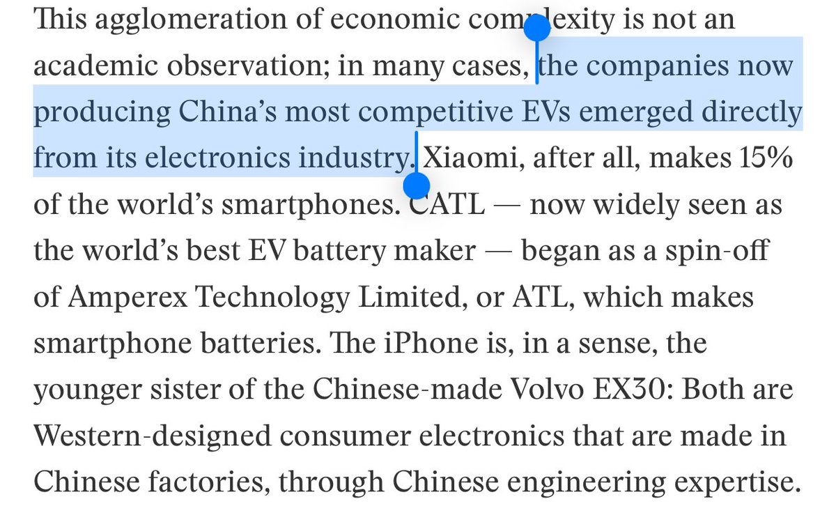 Industrial policy across sectors can have a multiplier effect. China’s solar industry benefited from its R&D on semiconductors. China’s high-speed rail built on its aerospace research. Chinese EVs draw directly on China’s smartphone supply chain, as @robinsonmeyer points out. 1/
