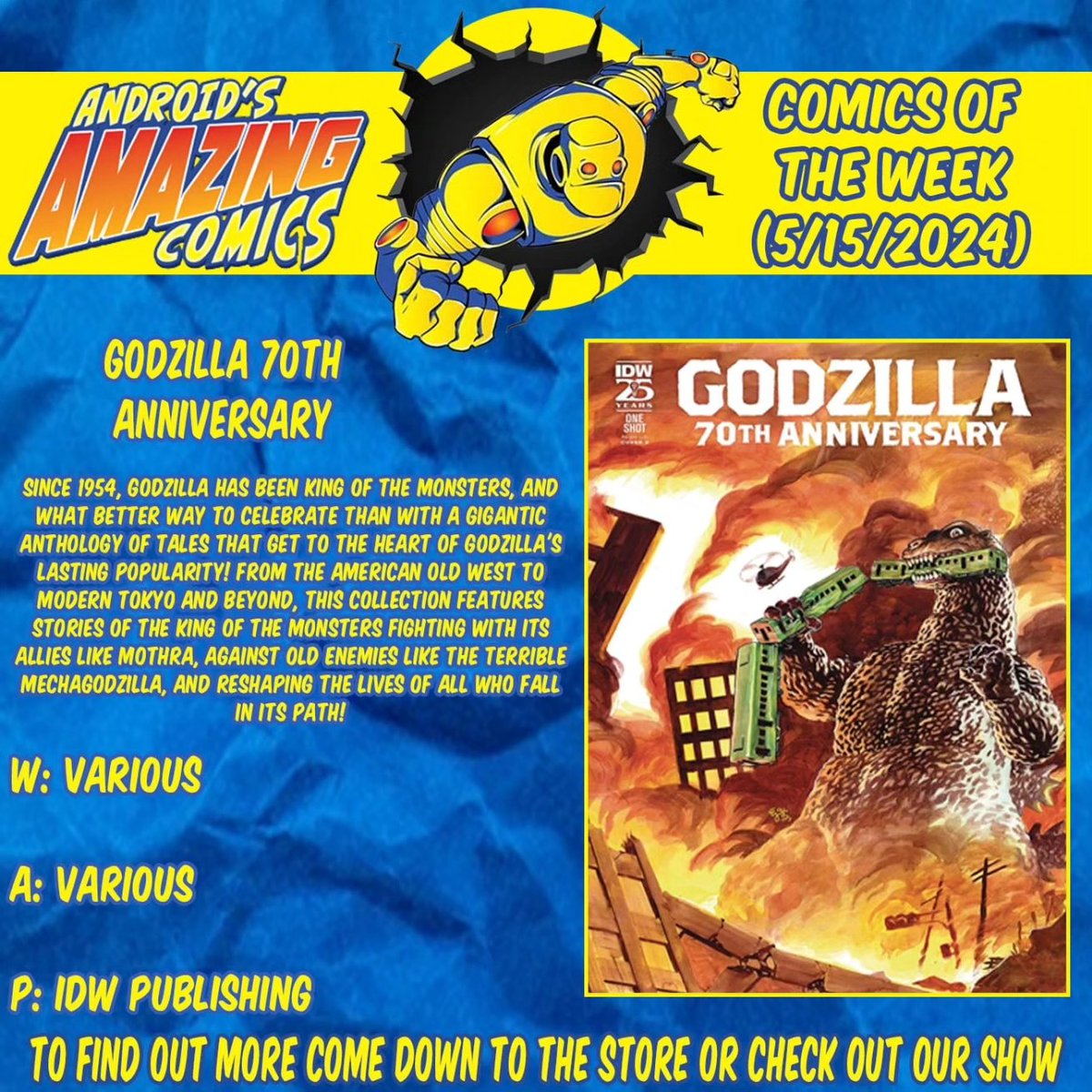 A new week means a new batch of comics! Here are our picks! GODZILLA 70TH ANNIVERSARY W: Various A: Various P: @IDWPublishing #picksoftheweek #newproduct #newinstock #comicbooks #comics #NCBD #idwpublishing #godzilla #70thanniversary #kaiju #tokusatsu
