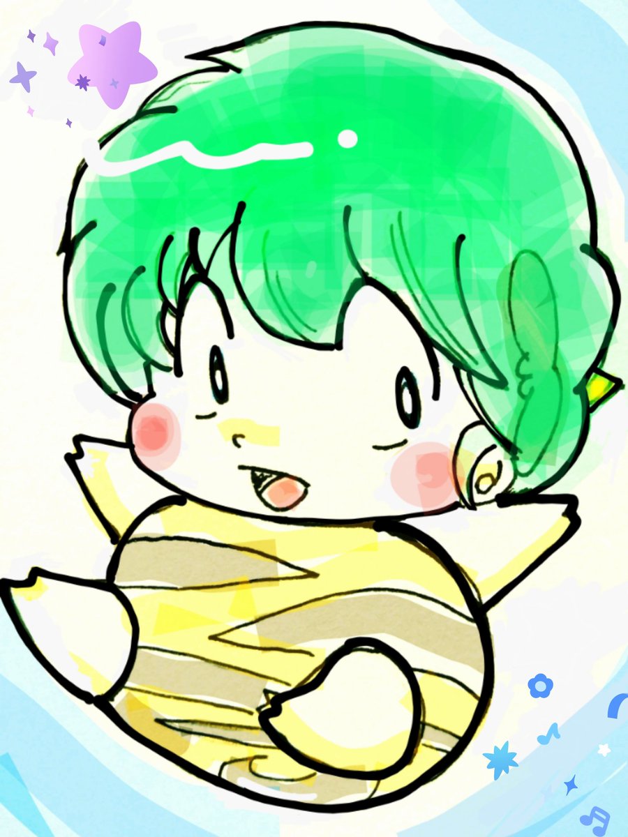 lum 1girl solo smile open mouth horns teeth green hair  illustration images