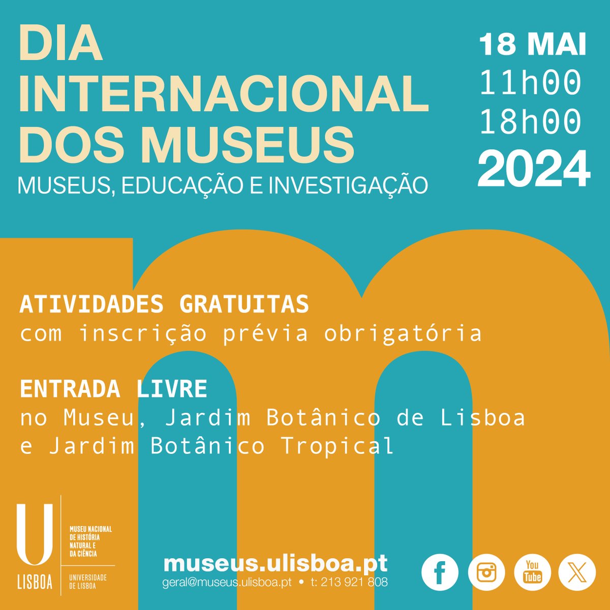 DIA INTERNACIONAL DOS MUSEUS 
18 mai | 10h às 17h

Neste dia, a entrada no Museu, no JBL e no JBT, em Belém é livre! Conheça o programa de atividades e participe! 

Programa aqui 👉 museus.ulisboa.pt/dia-internacio…

Aproveite para nos visitar e celebrar o nosso Museu.