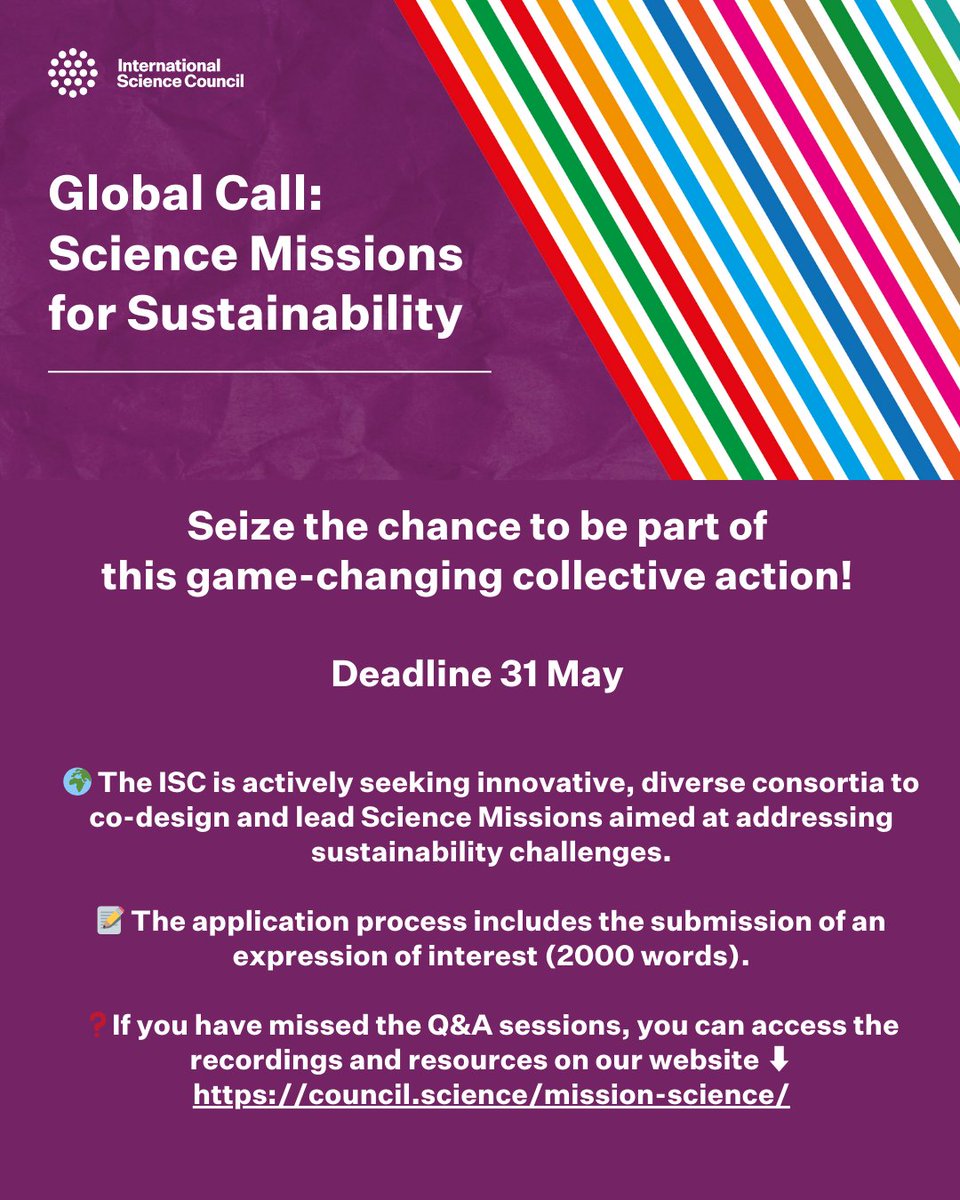 ❗️Only two more weeks to apply to the ISC Global Call on #Science Missions for Sustainability. Novel consortia worldwide are invited to co-design and pioneer integrated solutions for #sustainability challenges. 🗓️ Deadline: 31 May ➡️ All info: council.science/mission-scienc…