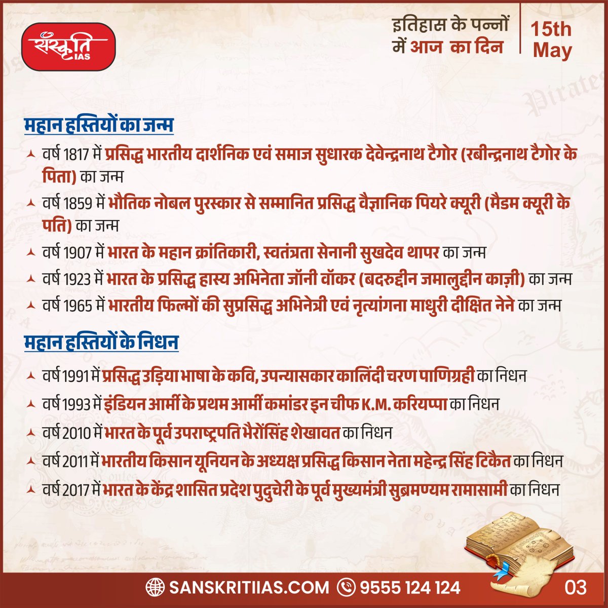 15 मई 
इतिहास के पन्नों में आज का दिन

#TodayinHistory #History #InternationalDayofFamilies #Godavaririver #firstwomanPrimeMinister #hydrogenbomb  #DebendranathTagore #PhysicsNobelPrize #SukhdevThapar #JohnnyWalker #SubramaniamRamasamy #IAS #UPSC #CivilServices #Prelims