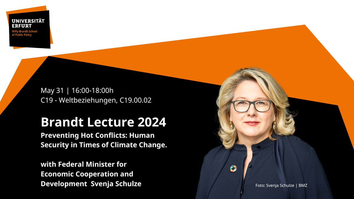 Join us for the Brandt Lecture 2024 with German Federal Minister for Economic Cooperation and Development Svenja Schulze on the topic: 'Preventing Hot Conflicts: Human Security in times of Climate Change' on Friday, May 31. Register: terminplaner4.dfn.de/sxtlWybq9wz4Ic…