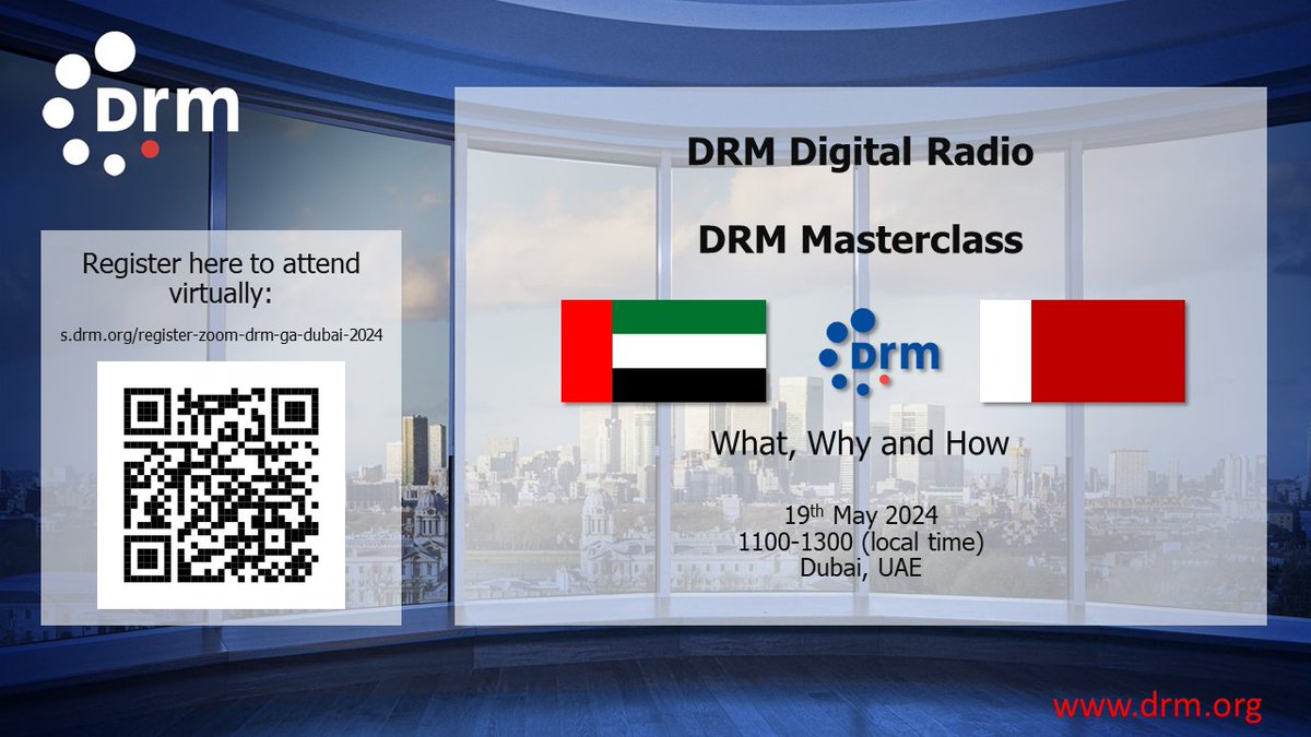 DRM Masterclass, “DRM – the What, Why and How” – May 19th

The @drmdigitalradio Consortium is inviting all  those interested across the world to a simple and attractive 90-minute  introduction to the DRM technology on May 19th at 1100 Dubai time (UTC+4).

drm.org/drm-masterclas…