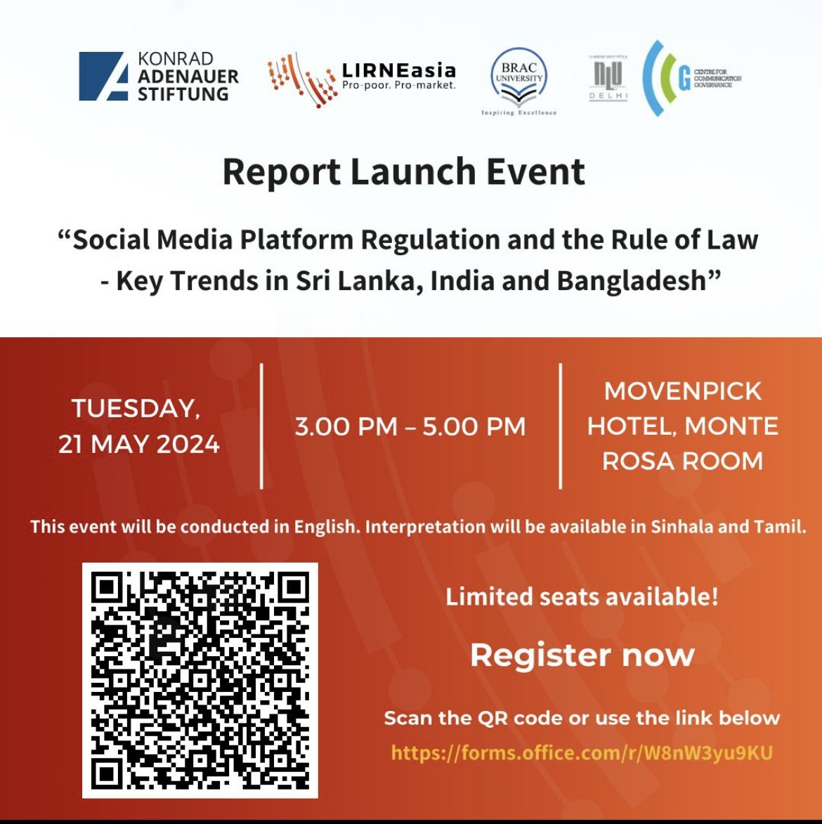 Join session on 'Social media platform regulation & the rule of law: Key trends in #SriLanka, #India and #Bangladesh'. 

#socialmediaregulation #ruleoflaw #SouthAsia #digitalgovernance #internetfreedom #humanrights #techlaw #onlinesafety #digitalrights #LKA #KAS 
Pic: #LIRNEasia